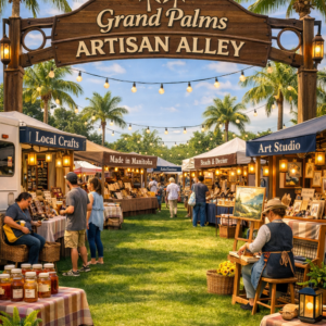 Outdoor artisan market under string lights with palm trees and stalls selling crafts and art. (Grand Palms Artisan Alley)