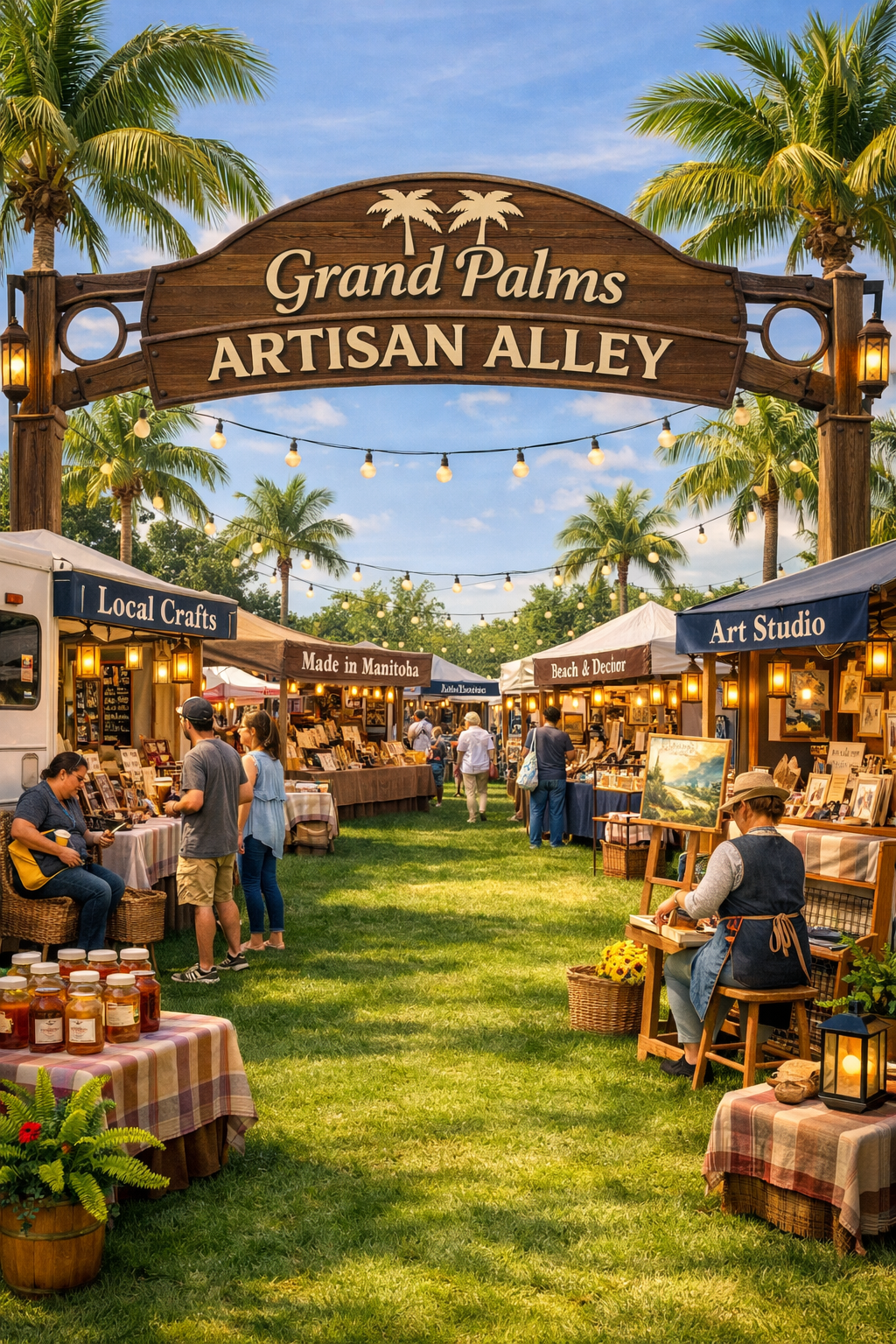 Outdoor artisan market under string lights with palm trees and stalls selling crafts and art. (Grand Palms Artisan Alley)