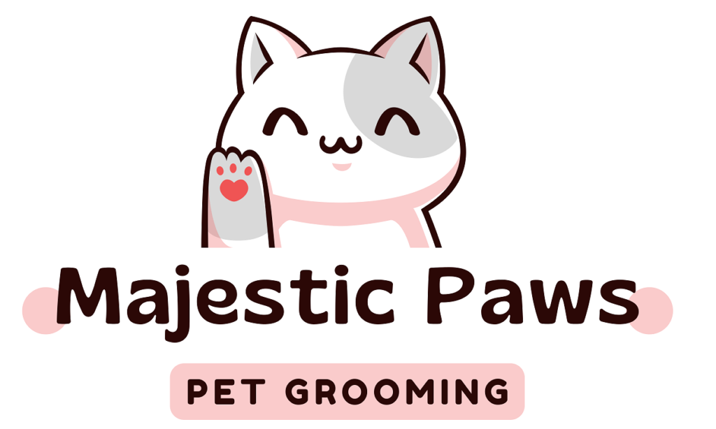 Logo for Majestic Paws Pet Grooming featuring a cute white cat waving a paw with a pink heart-shaped paw print and pink accents, plus the brand name and 'Pet Grooming' badge.
