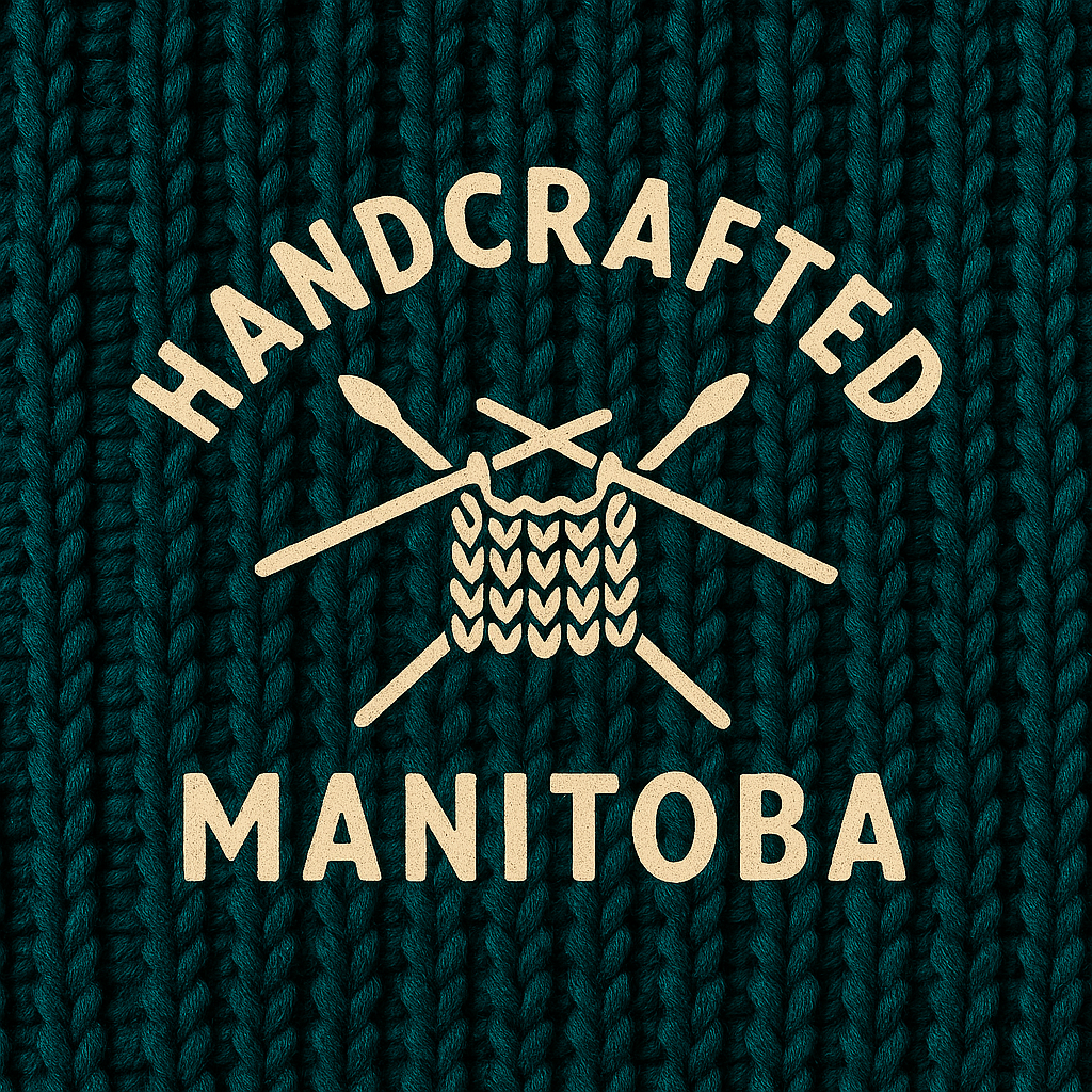 Crossed knitting needles with a mitten motif over a teal knitted background, and the words 'HANDCRAFTED MANITOBA'