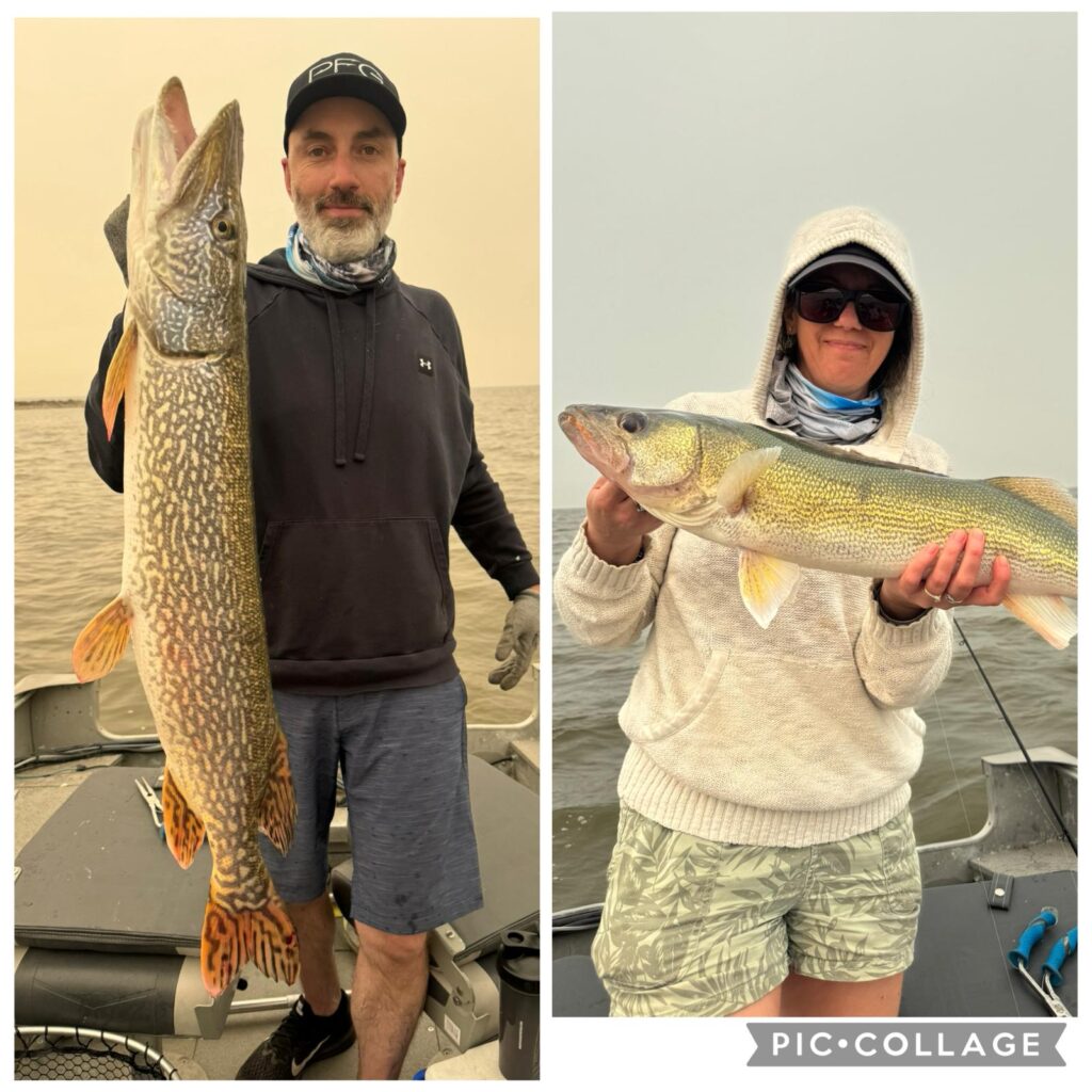Two anglers on a boat posing with their large fish (collage of two photos).
