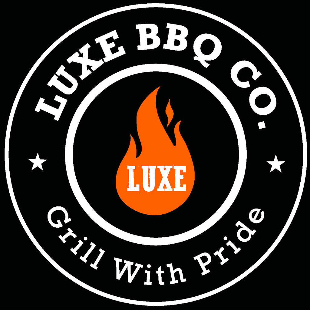 Luxe BBQ Co. circular logo with an orange flame and 'LUXE' text at center, surrounded by 'Luxe BBQ Co.' and 'Grill With Pride' on a black background.