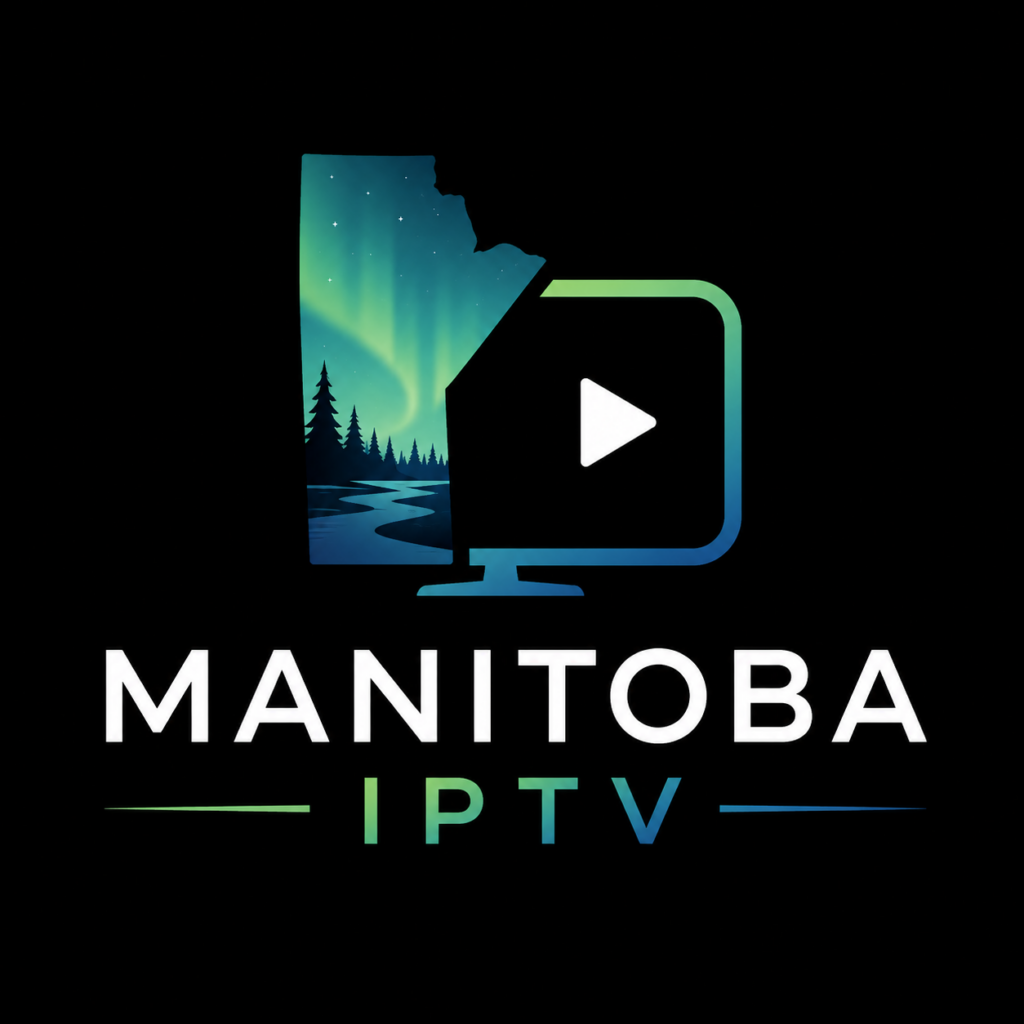 Manitoba IPTV logo: a computer monitor with a white play button, aurora landscape on the left, and MANITOBA IPTV below in white and gradient text.