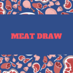 Banner announcing a 'MEAT DRAW' event with bold pink text on a blue background and scattered meat illustrations around the edges.