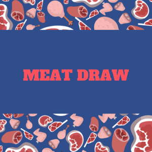 Banner announcing a 'MEAT DRAW' event with bold pink text on a blue background and scattered meat illustrations around the edges.