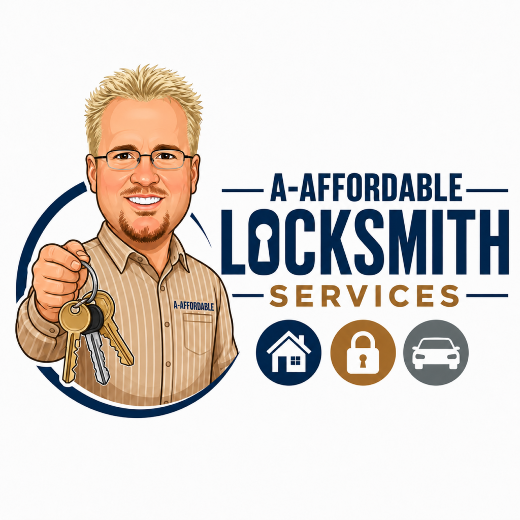 Cartoon locksmith holding keys next to 'A-Affordable Locksmith Services' text and three icon circles (home, lock, car).