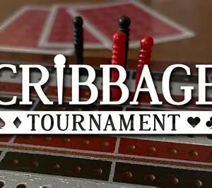 Cribbage tournament banner over a cribbage board with scoring pegs on a wooden table