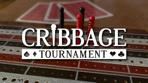Cribbage tournament banner over a cribbage board with scoring pegs on a wooden table